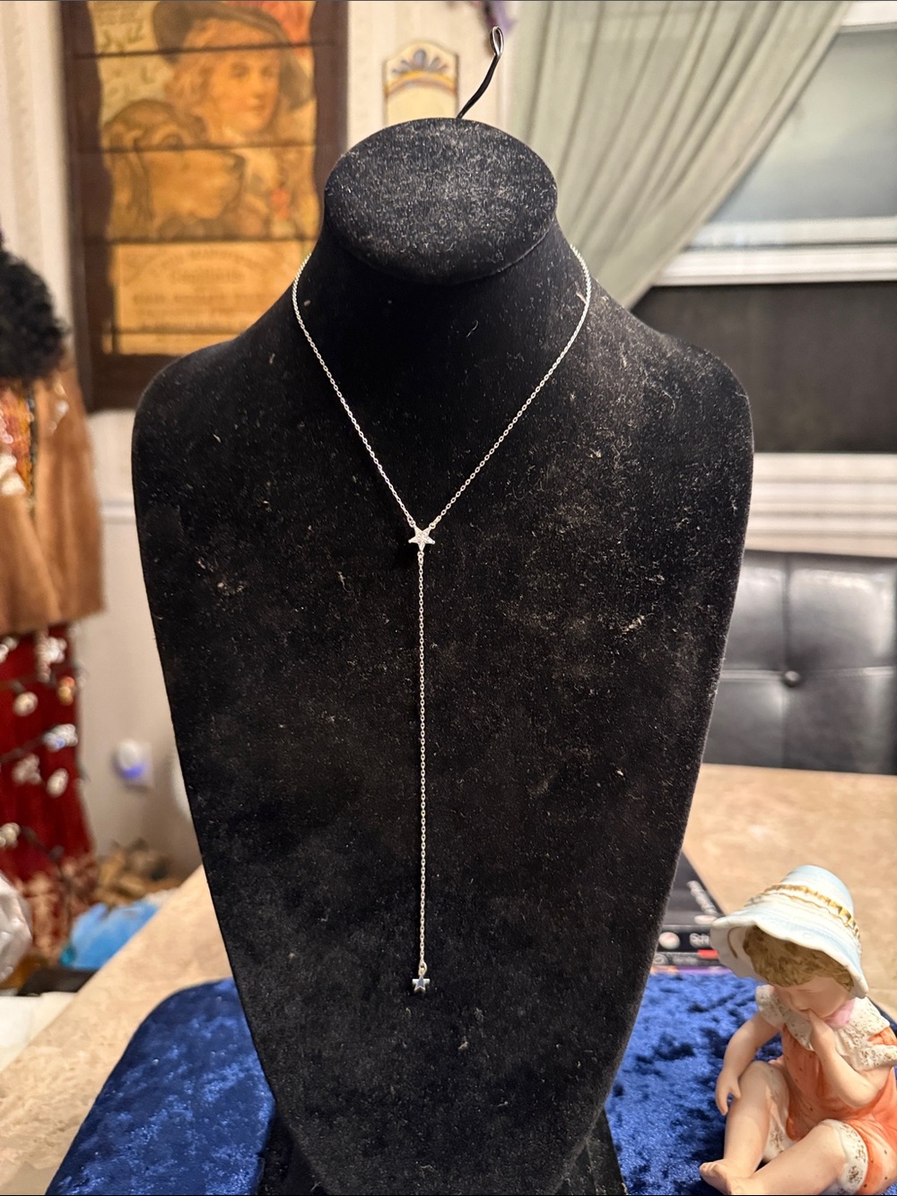 Silvertone double Star Y station necklace with adjustable chain